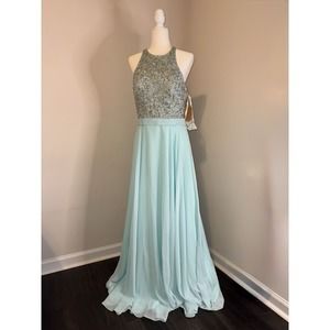 Sparkle Size 14 Aqua Sequin Rhinestone‎ Race back Chiffon A-Line Prom Dress Gown